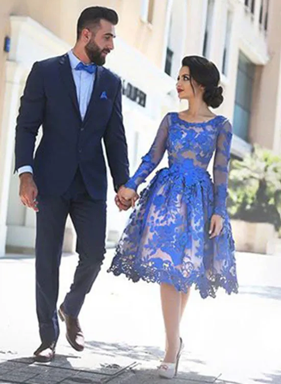 Royal Blue Lace Long Sleeve Prom Dress, Blue Short Evening Party Dress