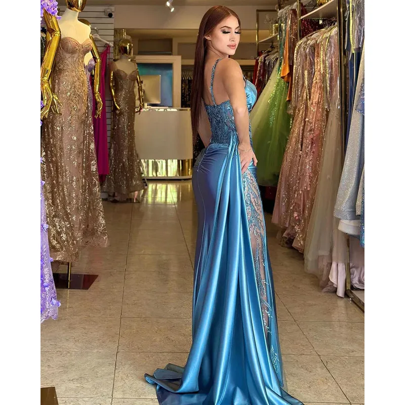 Ruched Sequined Lace Satin Sheath Long Prom Gown