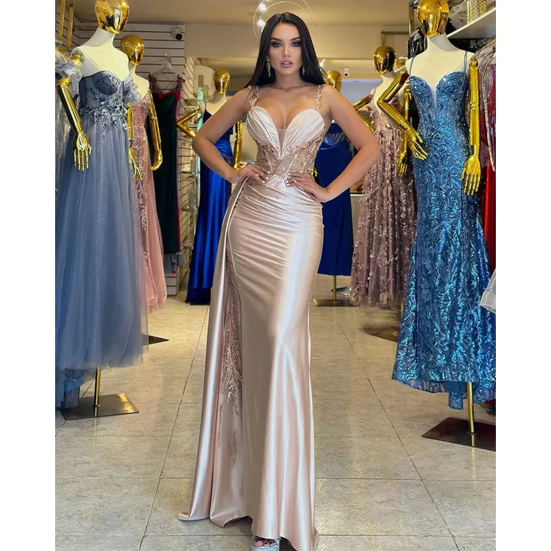 Ruched Sequined Lace Satin Sheath Long Prom Gown