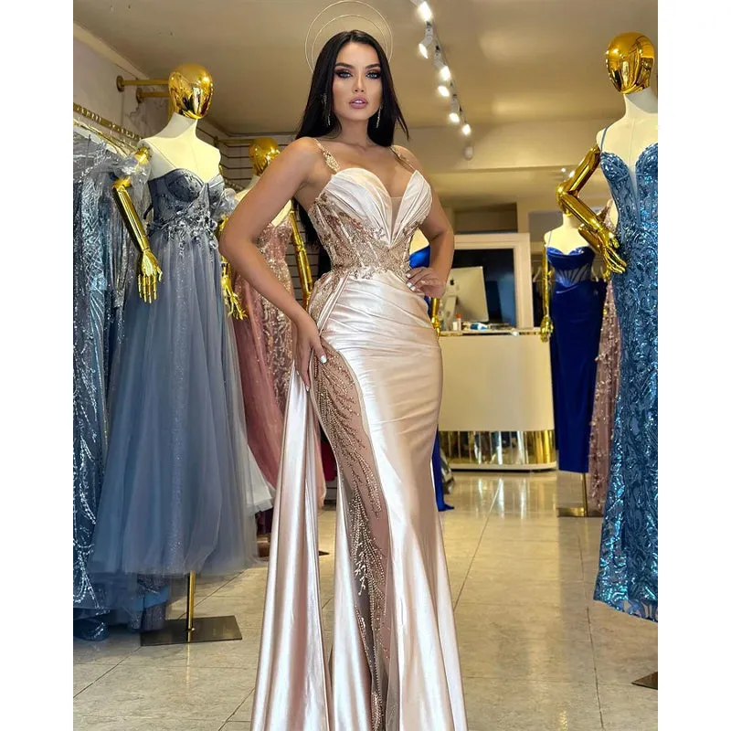 Ruched Sequined Lace Satin Sheath Long Prom Gown