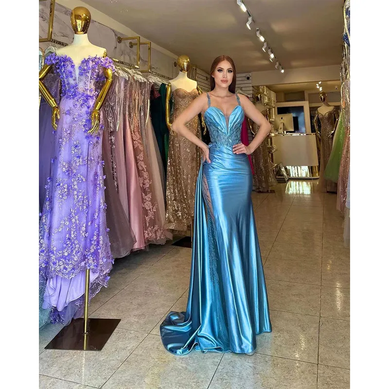 Ruched Sequined Lace Satin Sheath Long Prom Gown