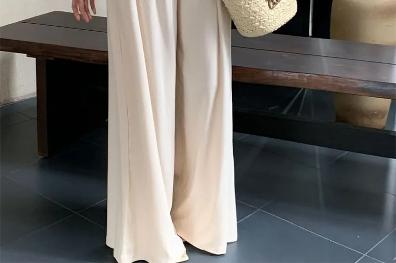 Set: Short Sleeve Cold-Shoulder Plain Asymmetric-Hem Slim-Fit Top   High Rise Loose-Fit Pants