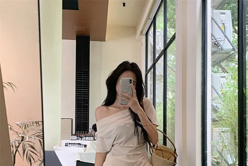 Set: Short Sleeve Cold-Shoulder Plain Asymmetric-Hem Slim-Fit Top   High Rise Loose-Fit Pants