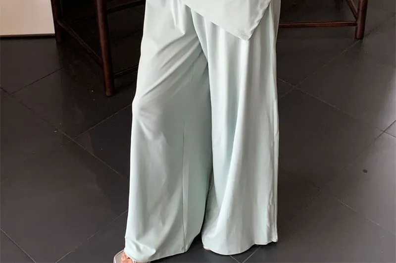 Set: Short Sleeve Cold-Shoulder Plain Asymmetric-Hem Slim-Fit Top   High Rise Loose-Fit Pants