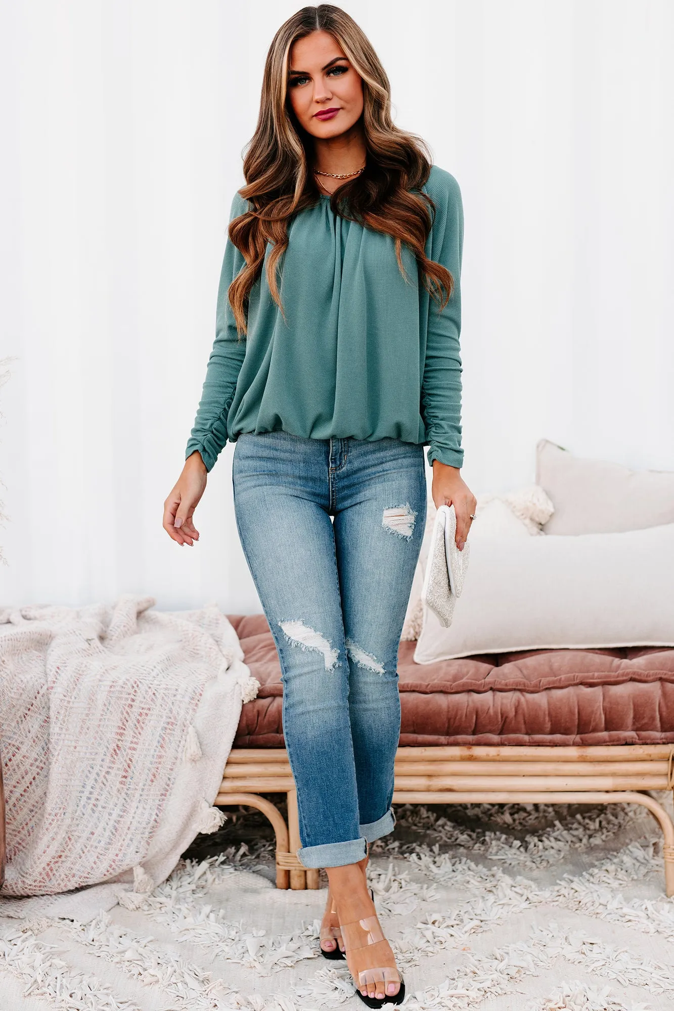 Shifting Gears Ruched Sleeve Thermal Top (Teal)