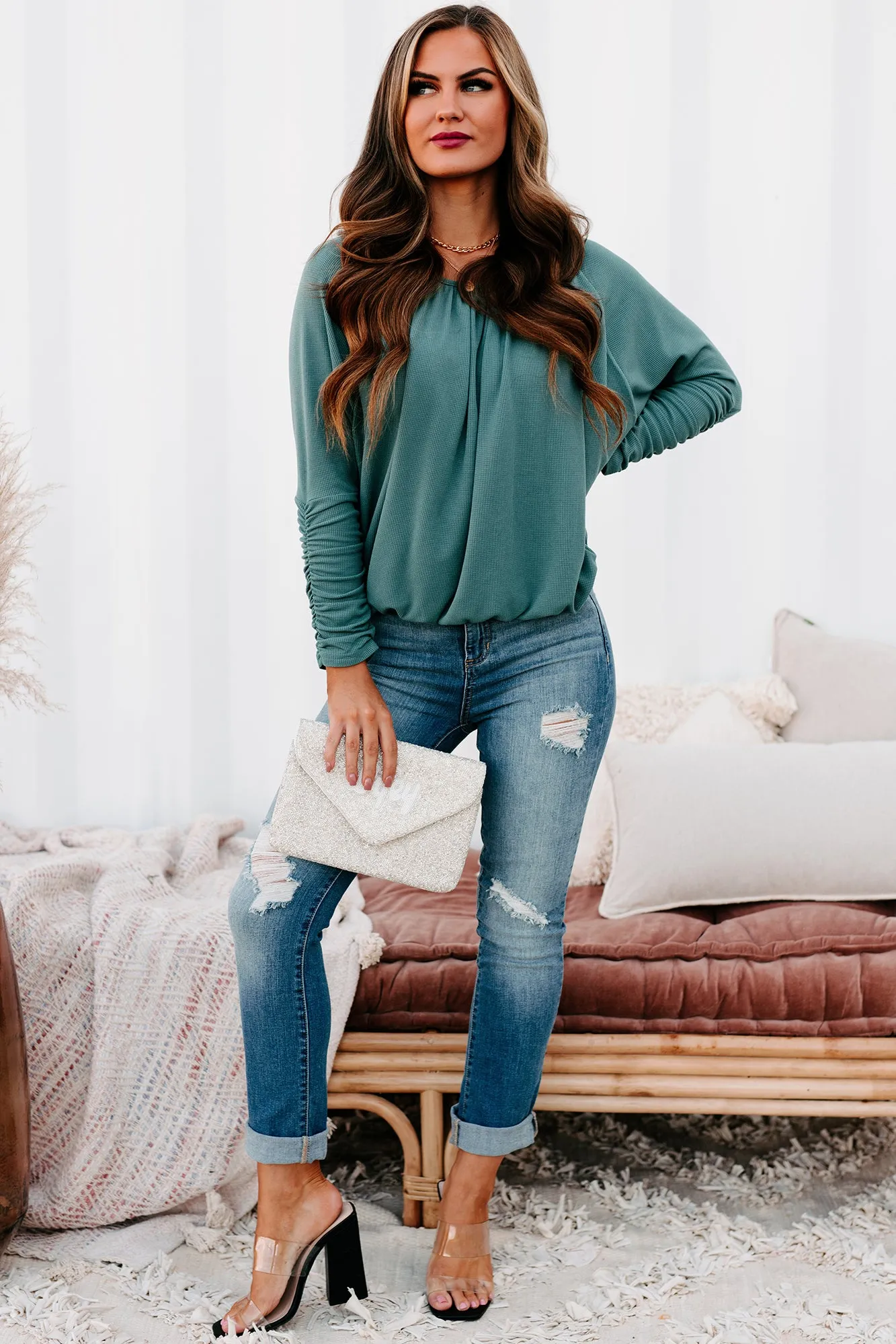 Shifting Gears Ruched Sleeve Thermal Top (Teal)