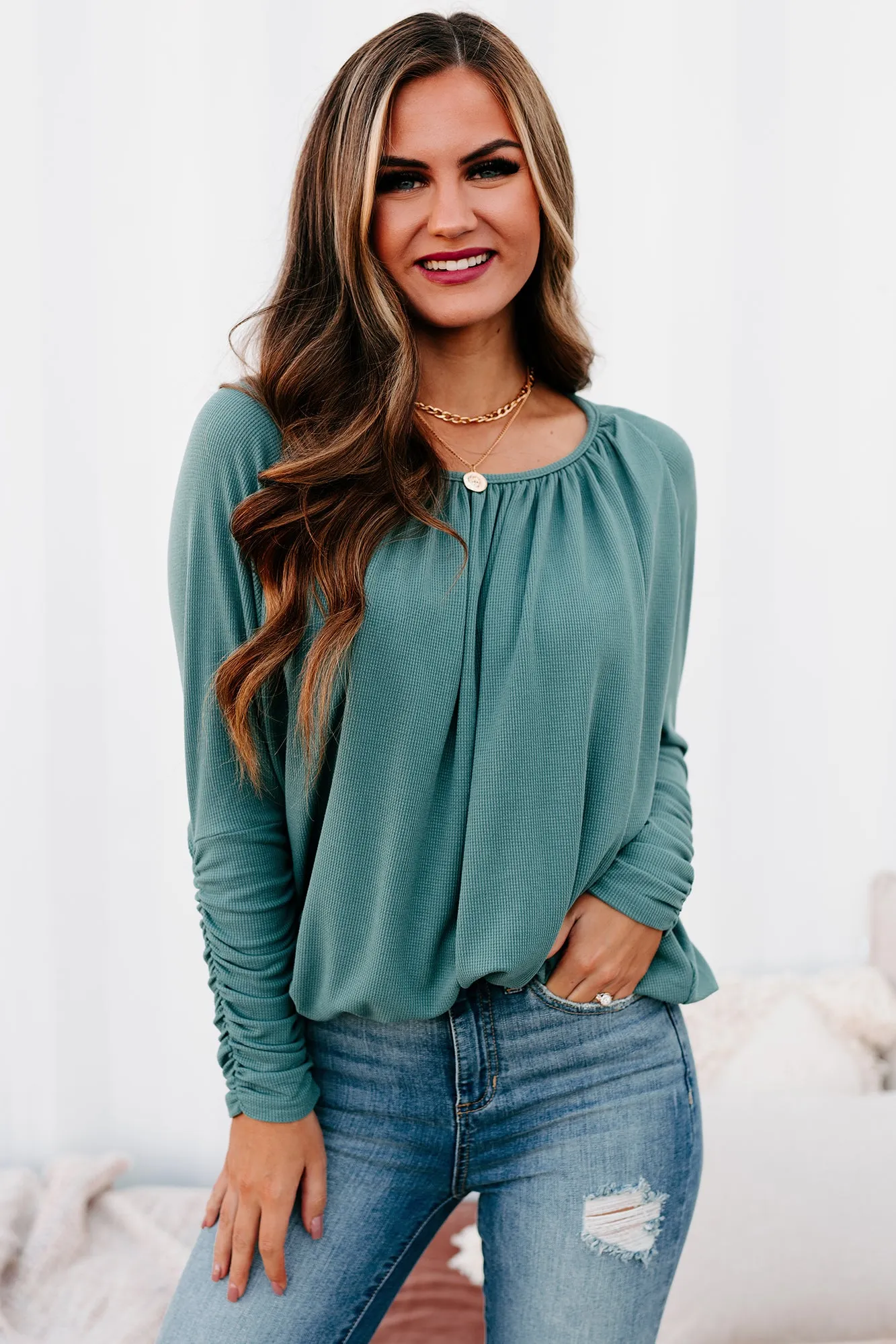 Shifting Gears Ruched Sleeve Thermal Top (Teal)