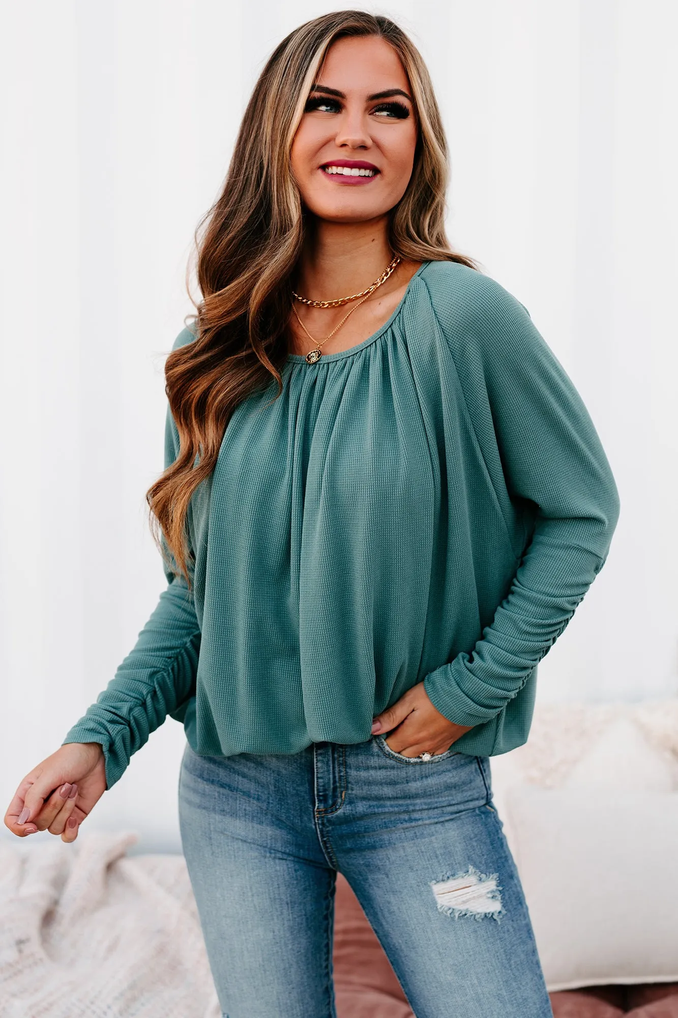 Shifting Gears Ruched Sleeve Thermal Top (Teal)