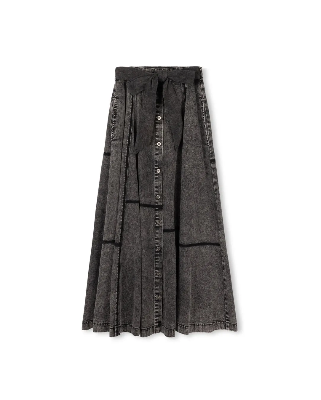 skirt midi flare button down with belt - grey denim