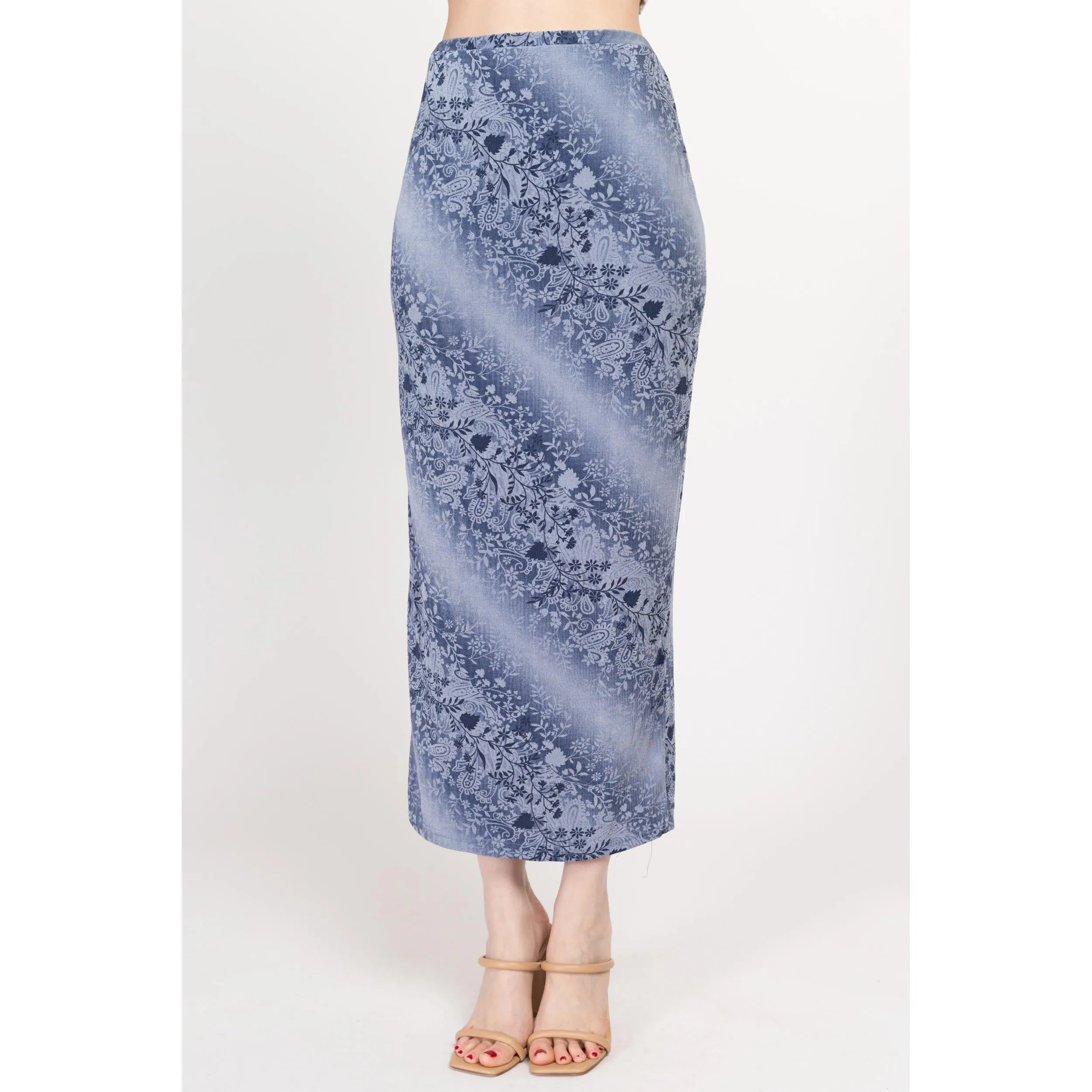 Small 90s Slinky Blue Floral Maxi Skirt
