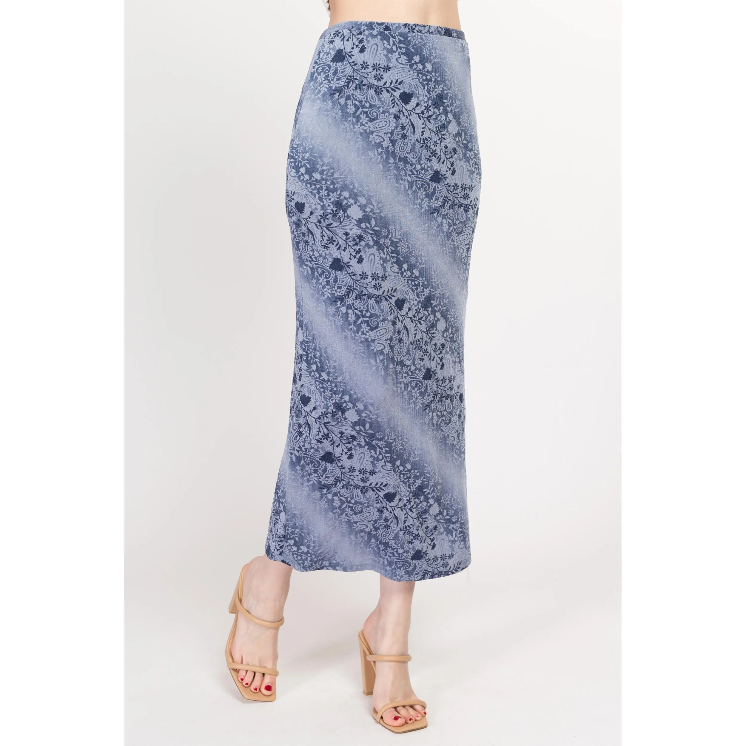 Small 90s Slinky Blue Floral Maxi Skirt