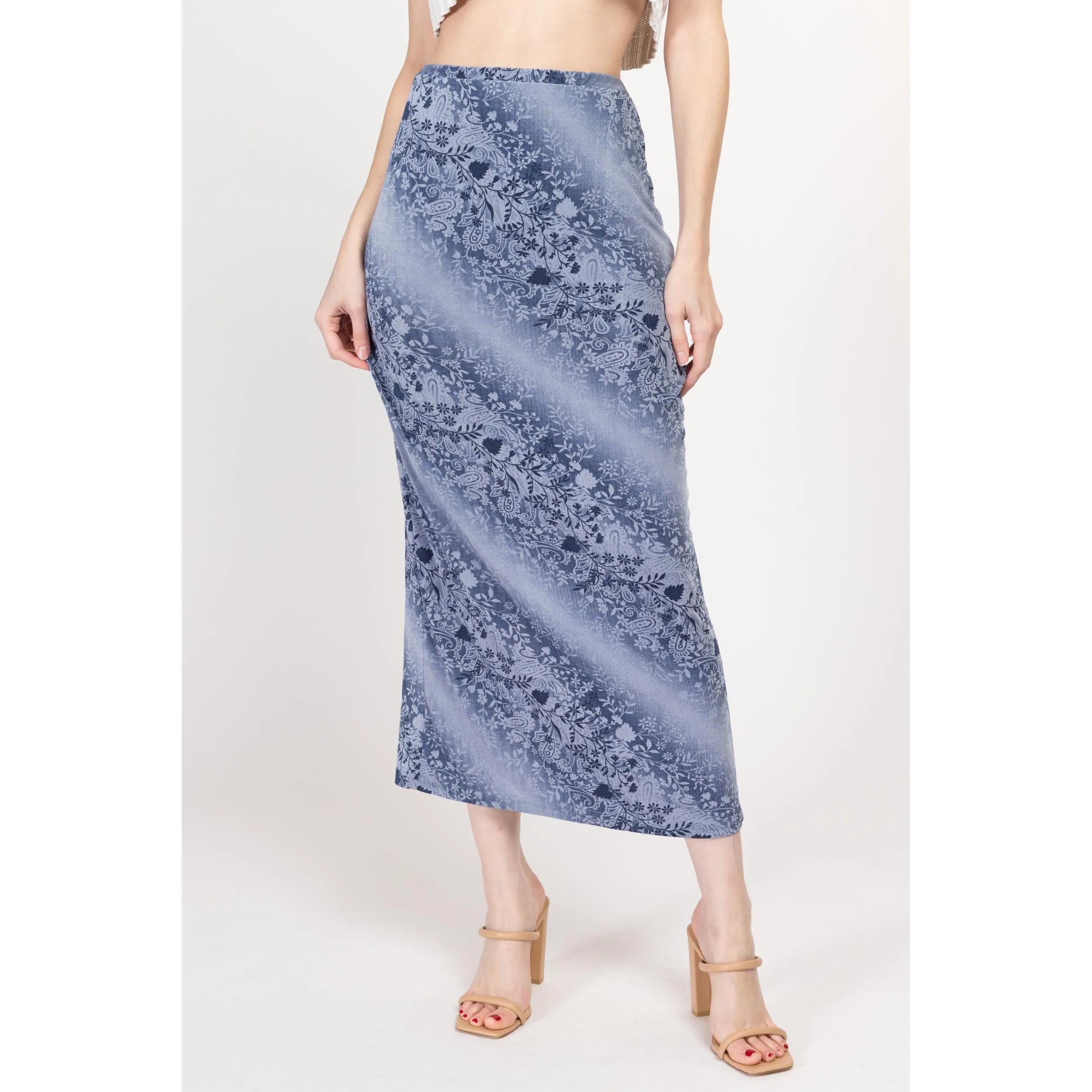 Small 90s Slinky Blue Floral Maxi Skirt