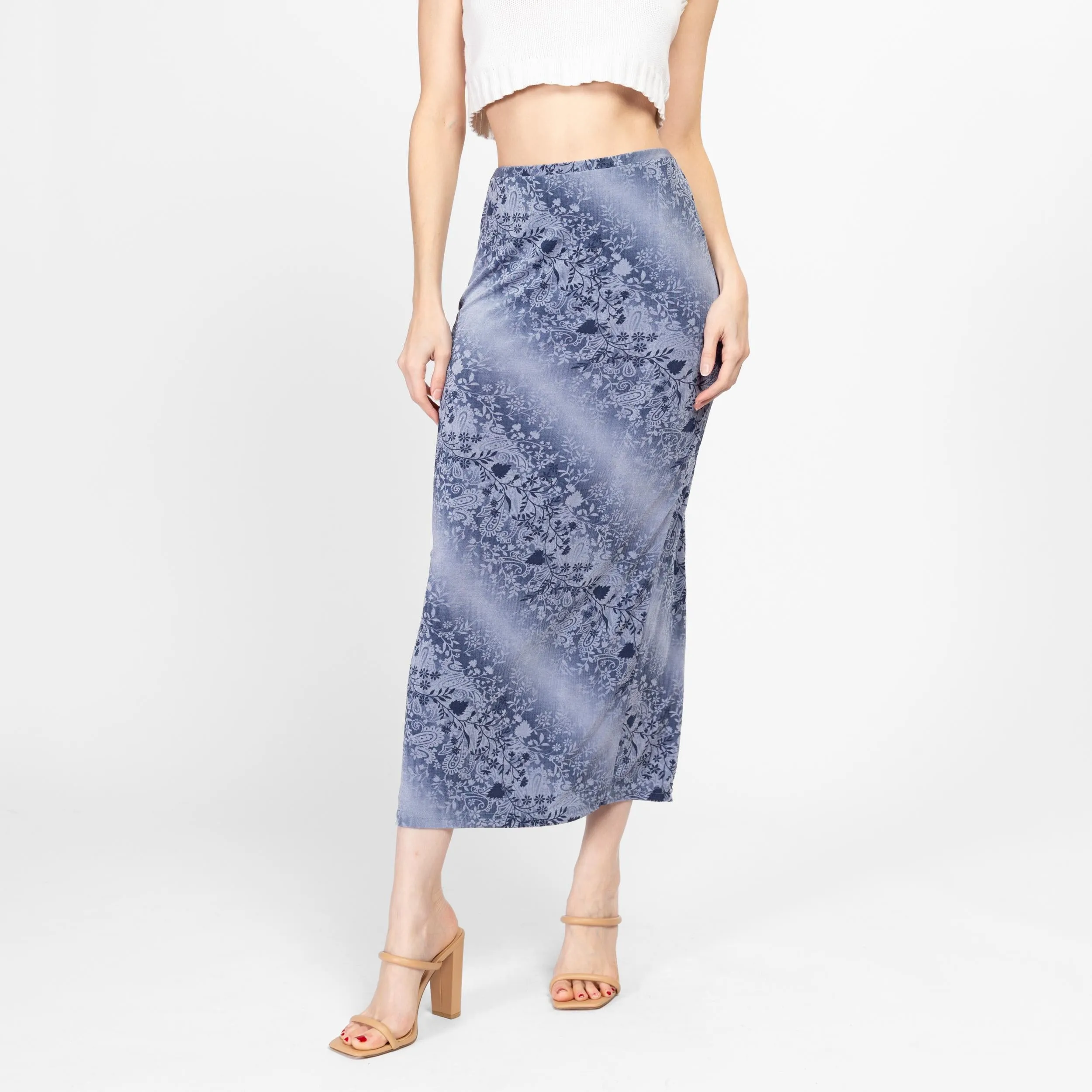 Small 90s Slinky Blue Floral Maxi Skirt