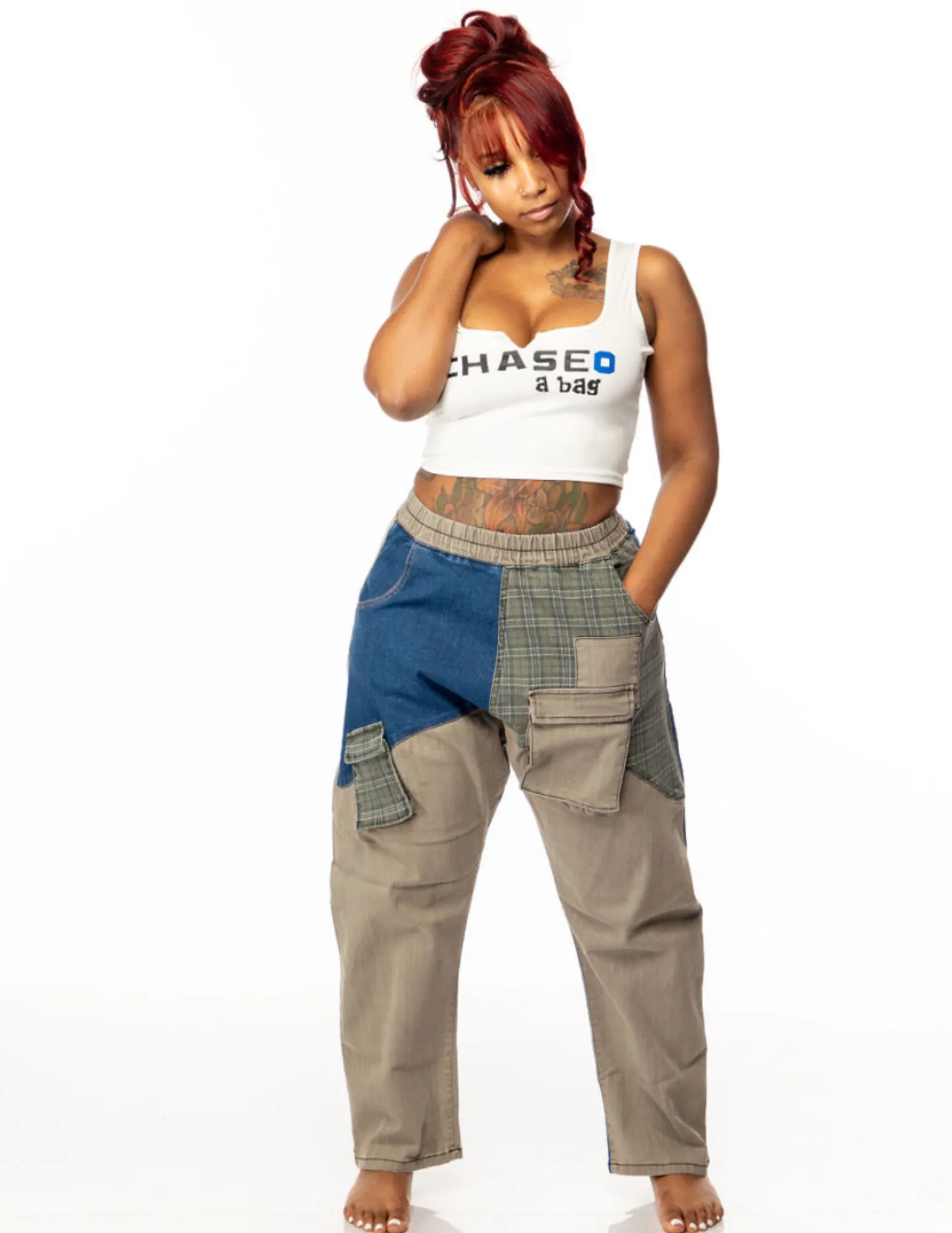 SNOB Heather DENIM Patch Work Harem Pants Jeans- Olive