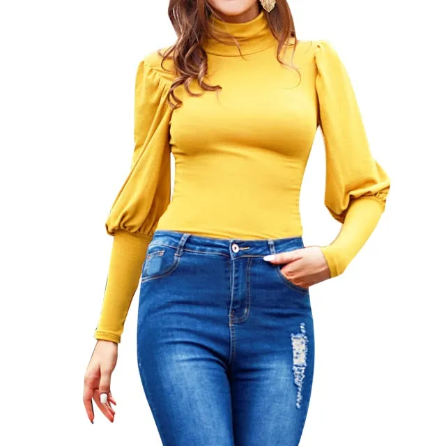 Stand-Up Knitted Puff Sleeve Casual Turtleneck
