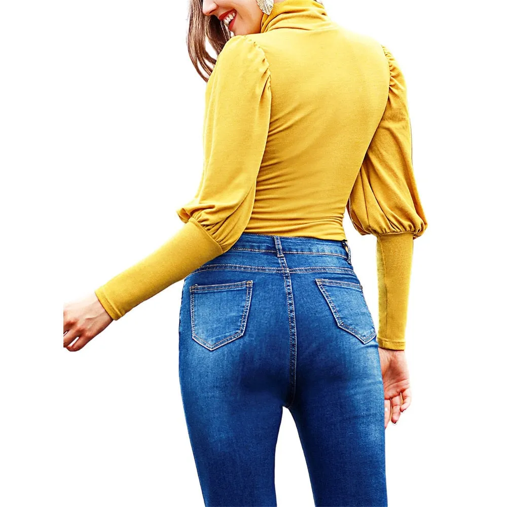 Stand-Up Knitted Puff Sleeve Casual Turtleneck