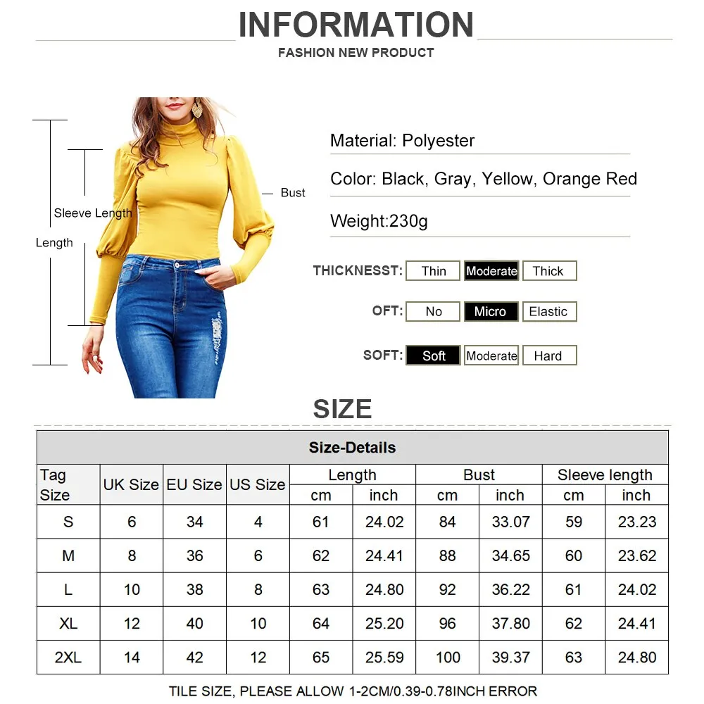 Stand-Up Knitted Puff Sleeve Casual Turtleneck