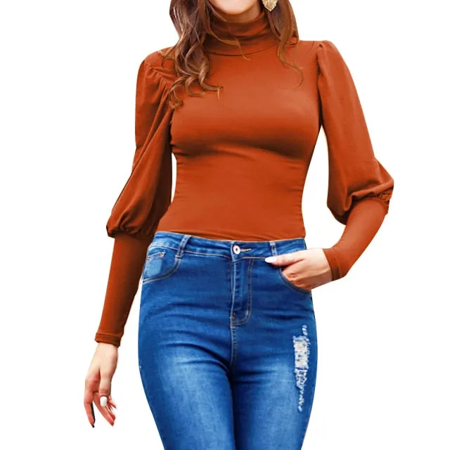 Stand-Up Knitted Puff Sleeve Casual Turtleneck