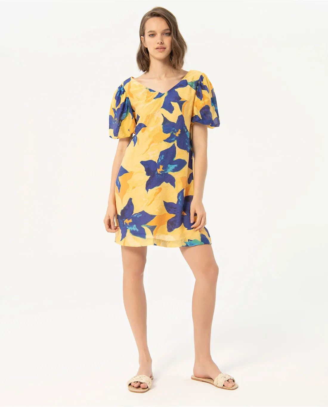 SURKANA <BR>
Printed short short sleeve dress <BR> 
Yellow <BR>