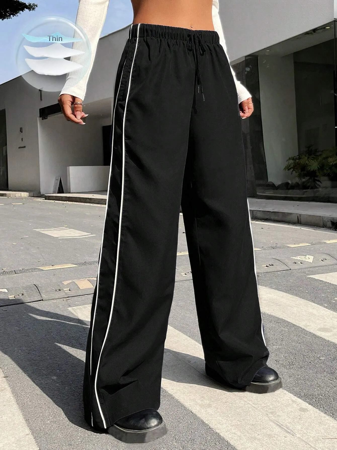 SXV Contrast Piping Drawstring Waist Wide Leg Cargo Pants