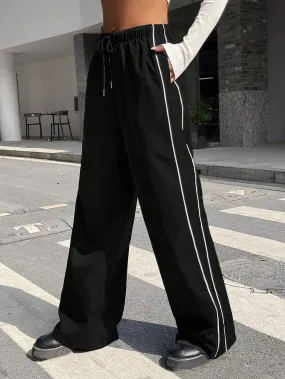 SXV Contrast Piping Drawstring Waist Wide Leg Cargo Pants