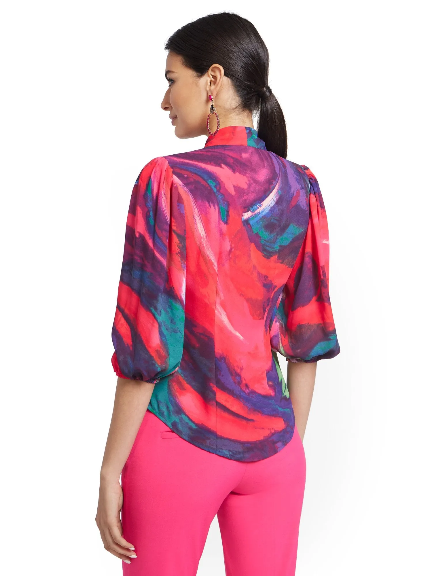 Tall Abstract Watercolor Print Essential V-Neck Bow Blouse