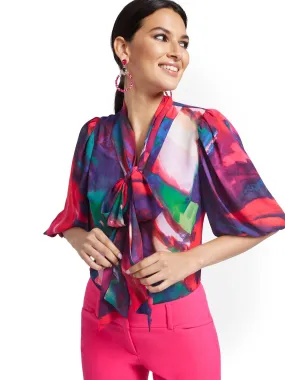 Tall Abstract Watercolor Print Essential V-Neck Bow Blouse