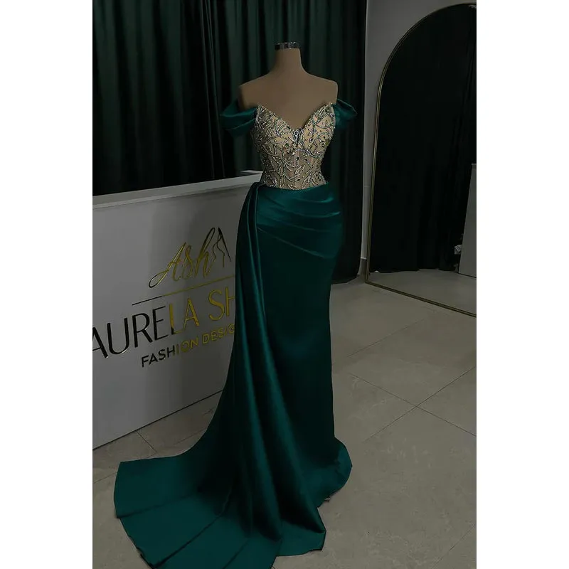 Trumpet/Mermaid V-Neck Cap Sleeves Ruched Rhinestones Formal Prom Dress