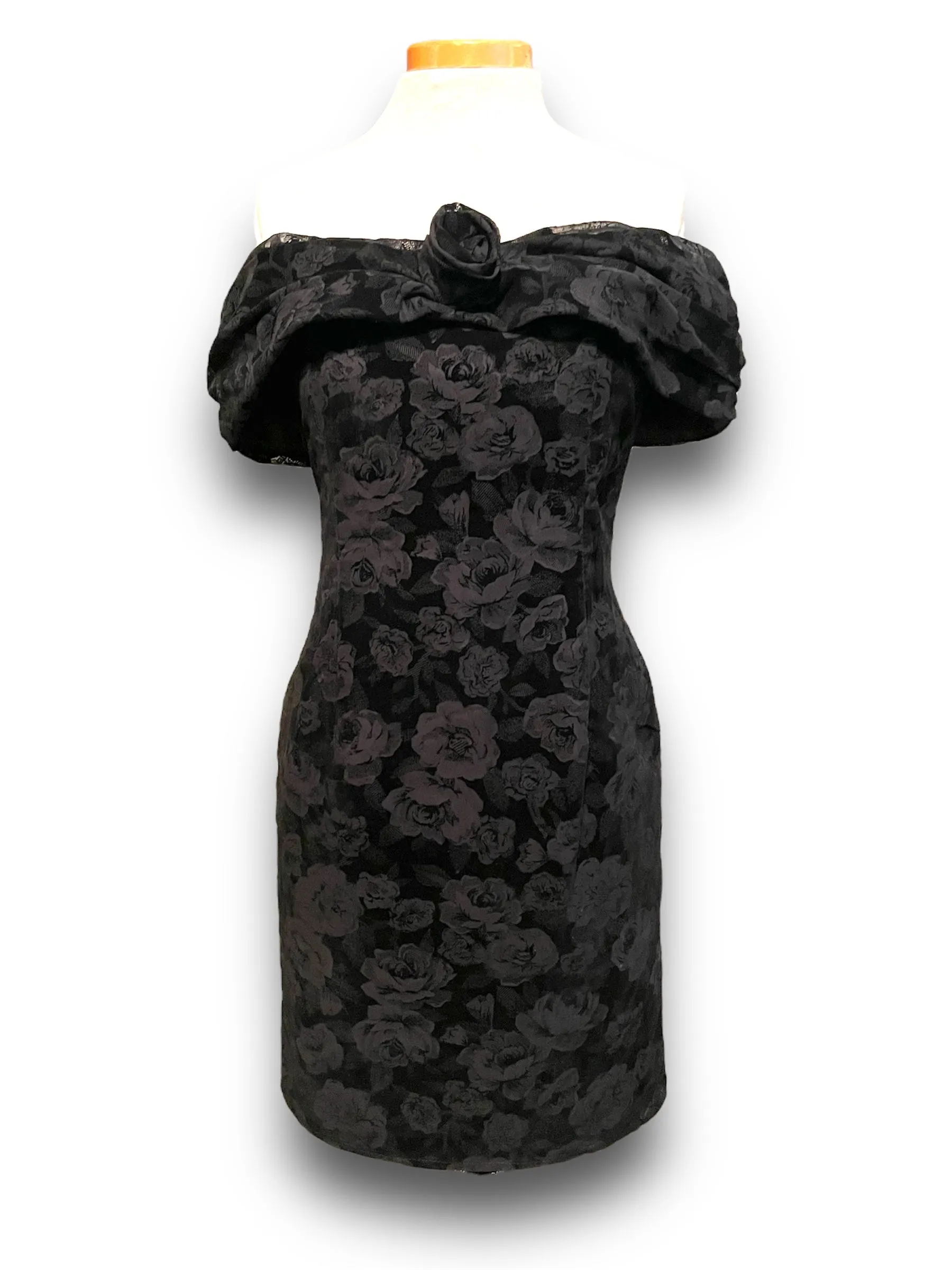 Vintage 1990’s Black Burnout Velvet Rose Pattern Party Dress