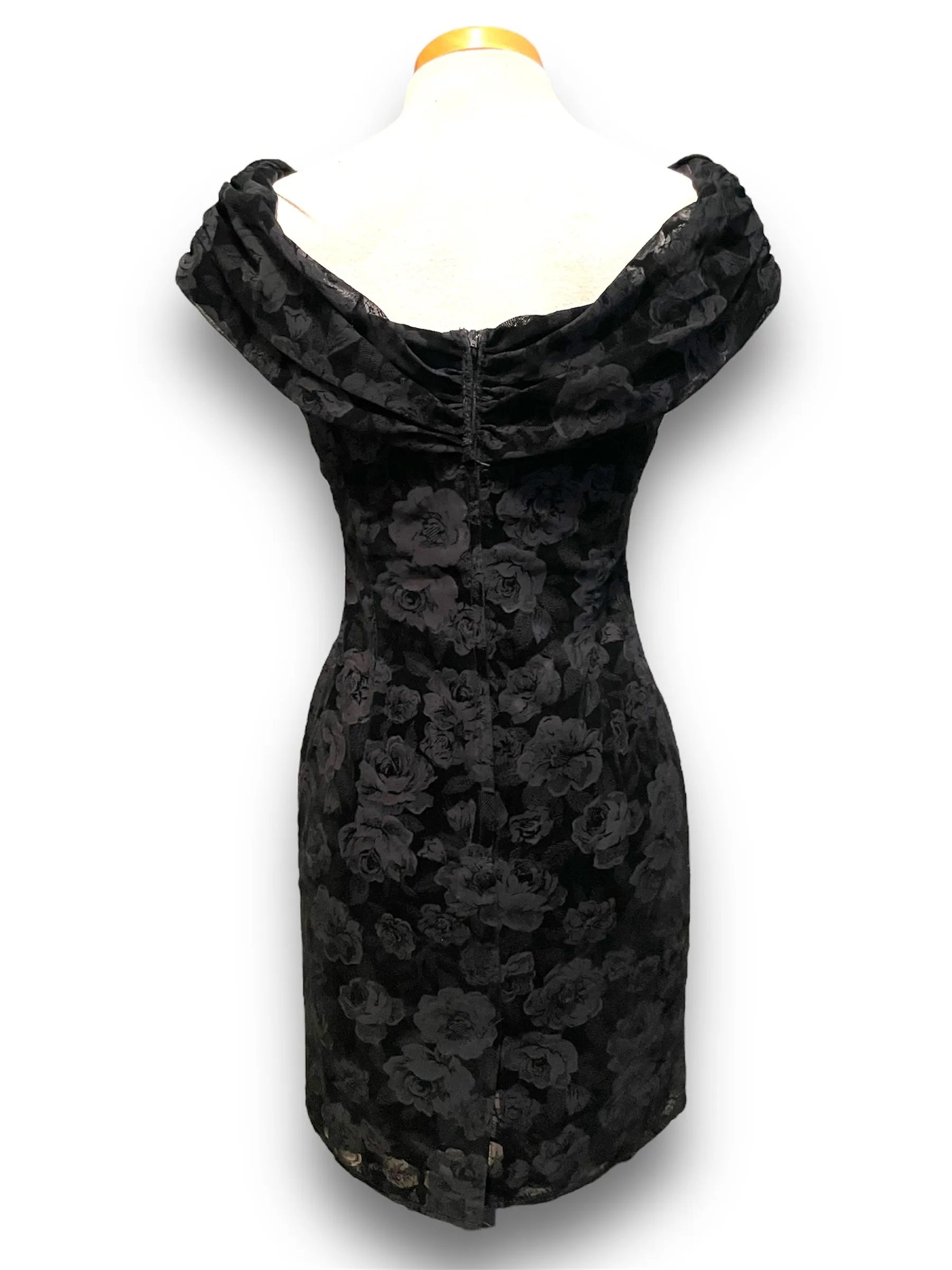 Vintage 1990’s Black Burnout Velvet Rose Pattern Party Dress