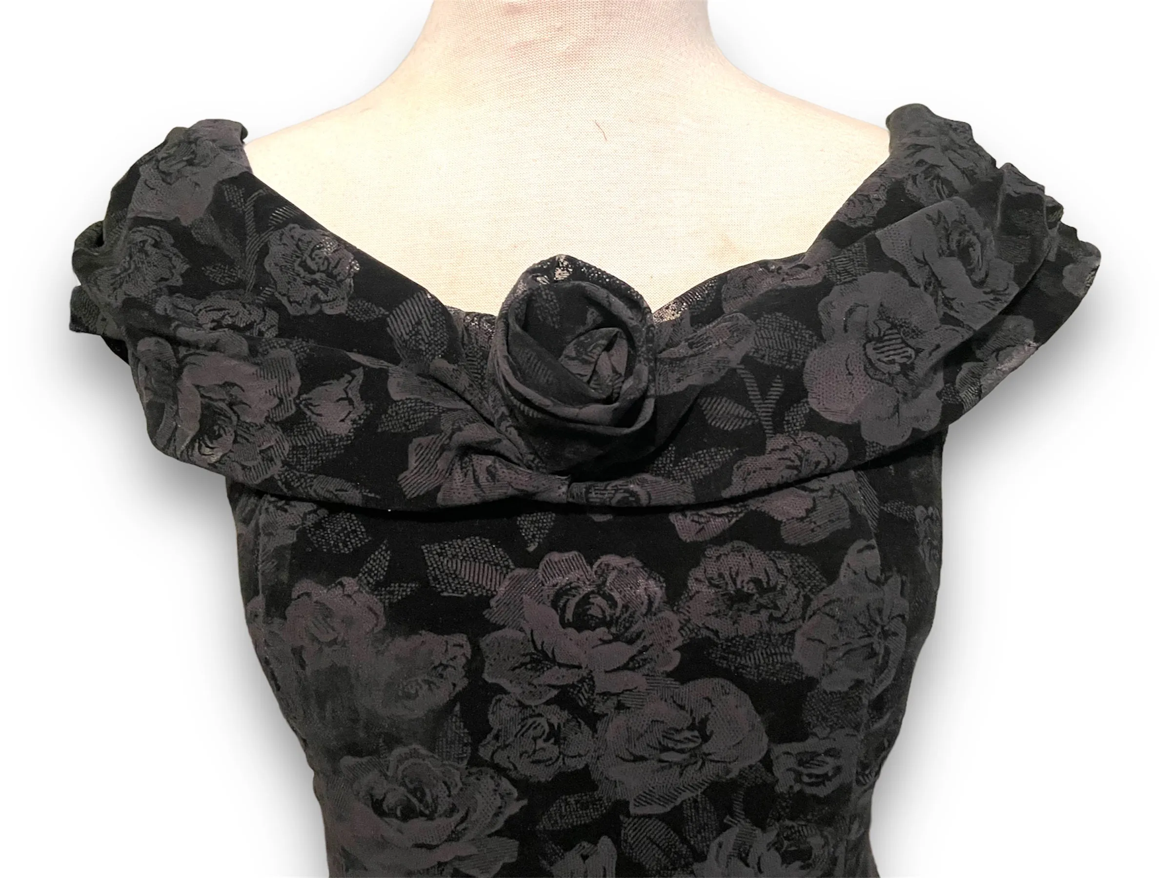 Vintage 1990’s Black Burnout Velvet Rose Pattern Party Dress