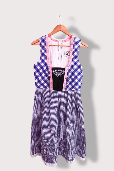 Vintage Blue Front Lace Trim Checkered Sleeveless Maxi Dress