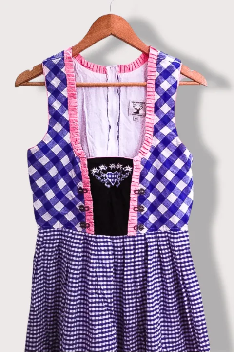 Vintage Blue Front Lace Trim Checkered Sleeveless Maxi Dress