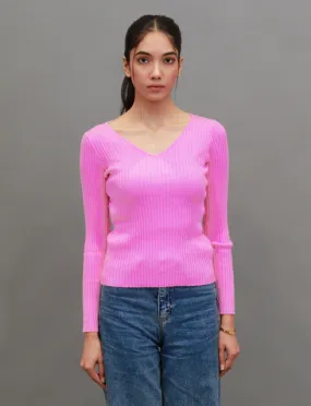 Women Pink V Neck Crop Sweater