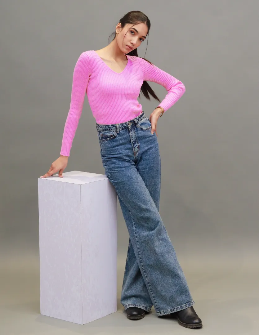 Women Pink V Neck Crop Sweater