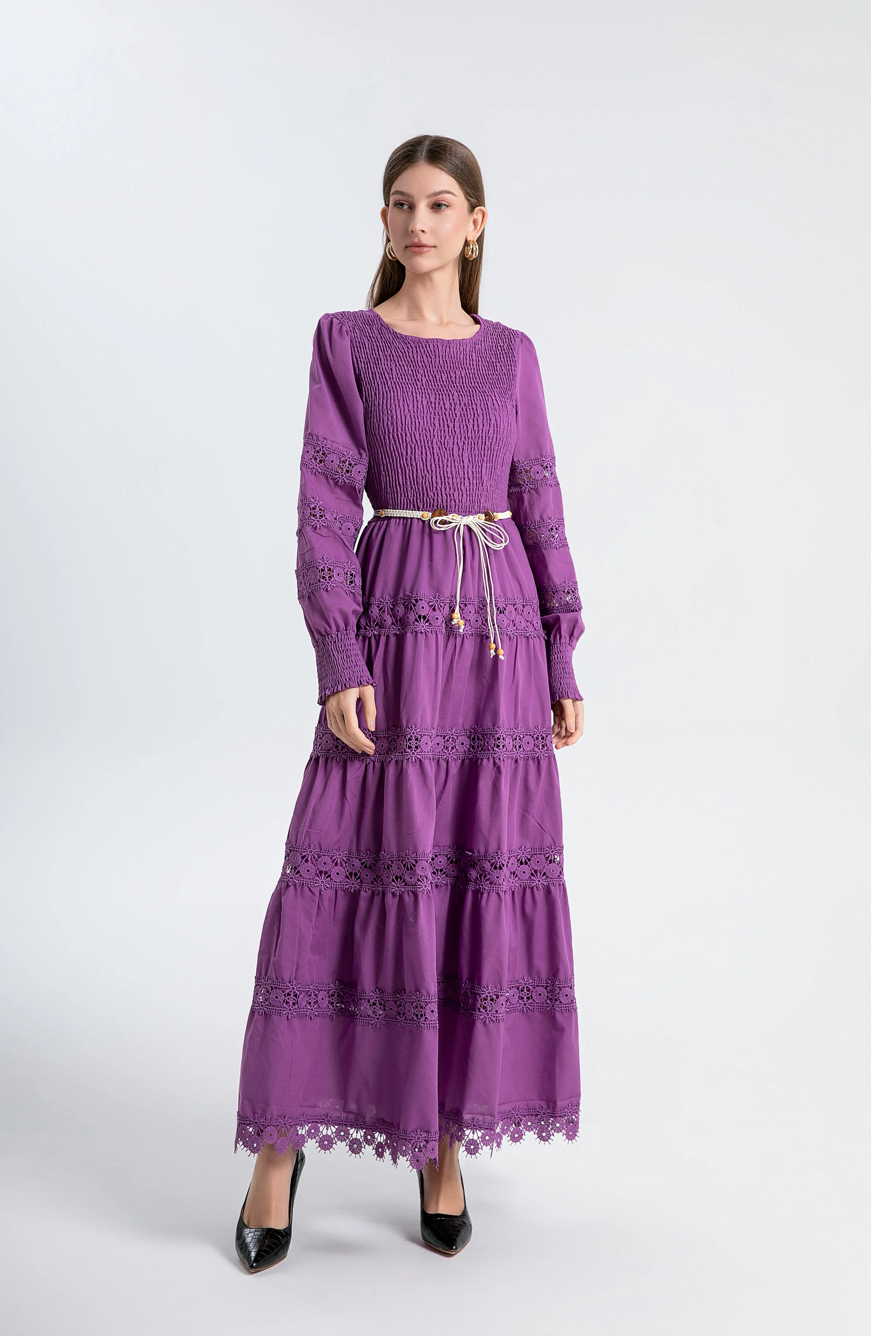 Women's Smocked Solid Color Lace Cutout Long Sleeve Maxi Dress