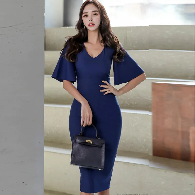 Women's Summer V-Neck Polyester Sheath High-Waist Dress